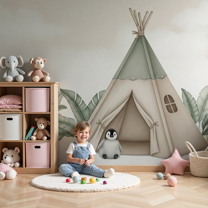 Tapet barnerom | Telt og pingvin i jungelen