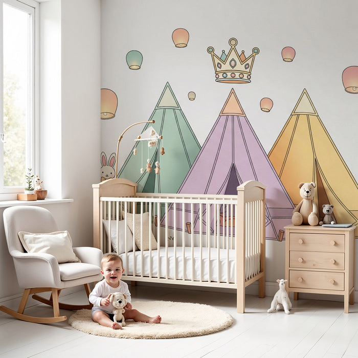 Papier peint chambre bébé | Tentes colorées et lapins mignons sous des lanternes