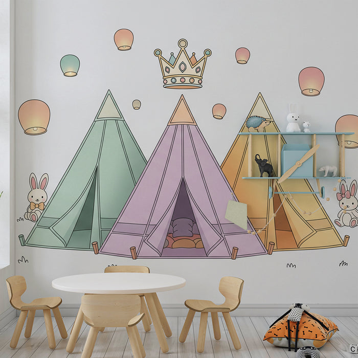 Papier peint chambre bébé | Tentes colorées et lapins mignons sous des lanternes
