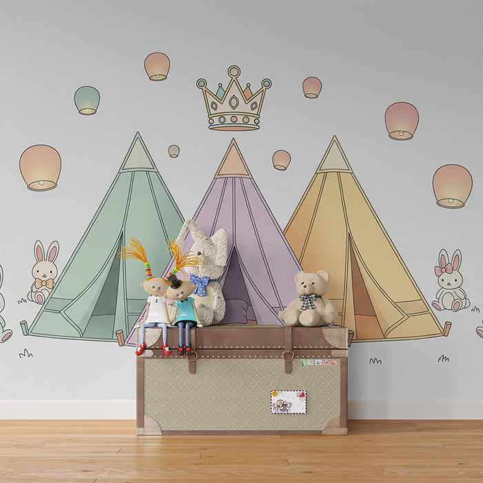 Papier peint chambre bébé | Tentes colorées et lapins mignons sous des lanternes