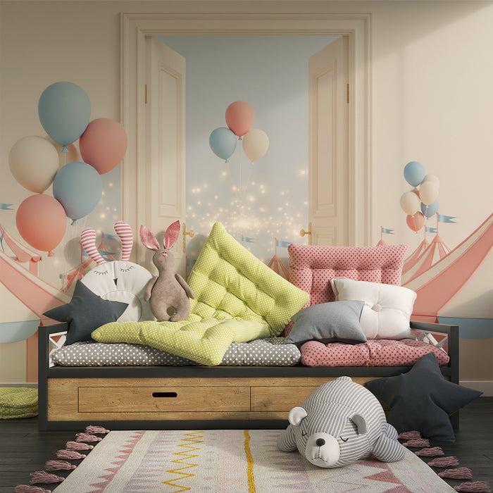 Papier peint chambre bébé | Tentes de cirque colorées avec ballons festifs