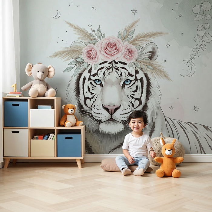 Papier peint chambre bébé | Tigre blanc orné de fleurs et étoiles