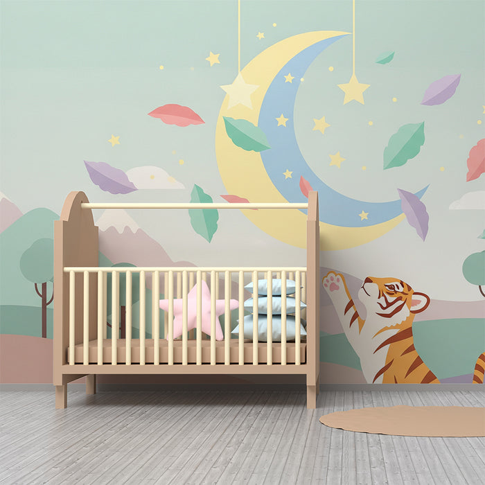 Papel de parede quarto bebê | Кюриозен тигър под звездното луна