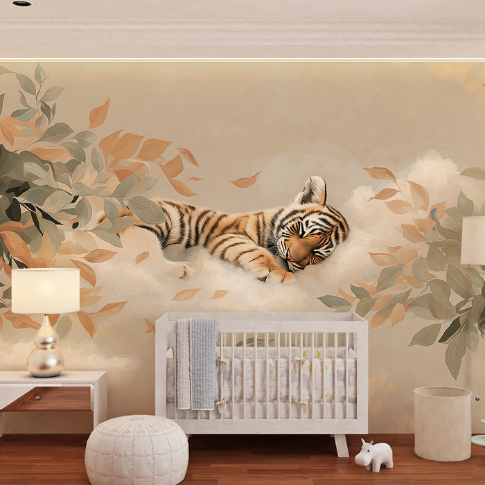 Børneværelse tapet | Sovende tiger midt i efterårsblade