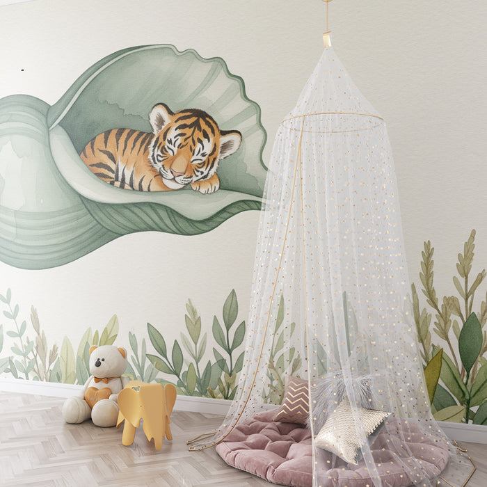 Papier peint chambre bébé | Tigre endormi dans une coquille