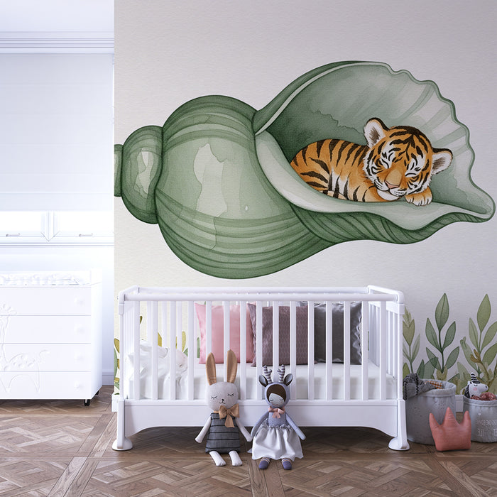 Papier peint chambre bébé | Tigre endormi dans une coquille