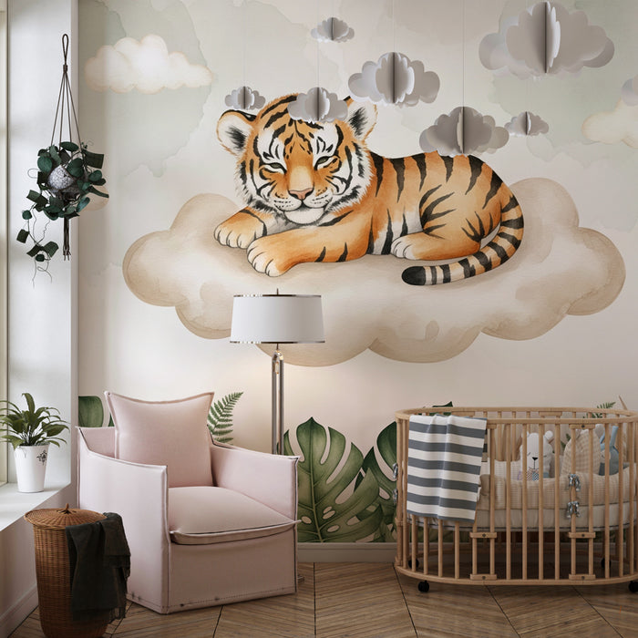 Papier peint chambre bébé | Tigre endormi sur un nuage