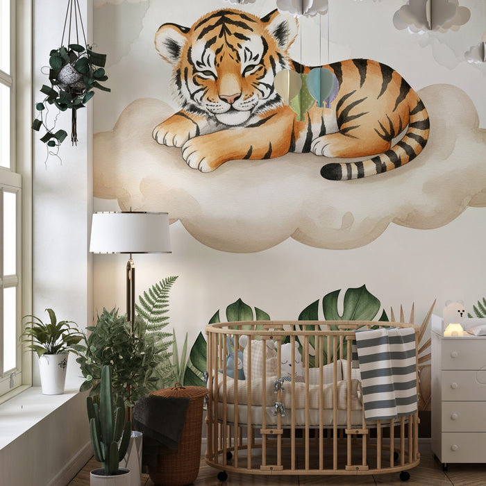 Papier peint chambre bébé | Tigre endormi sur un nuage