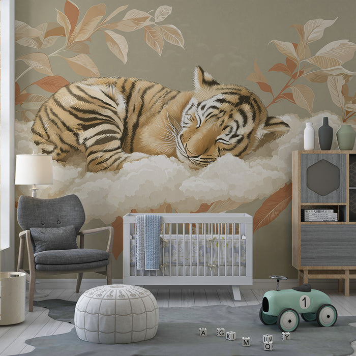 Babyzimmer Tapete | Schlafender Tiger auf einer Wolke mit zarten Blättern