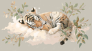 Papier peint chambre bébé Tigre endormi sur un nuage avec feuillage délicat