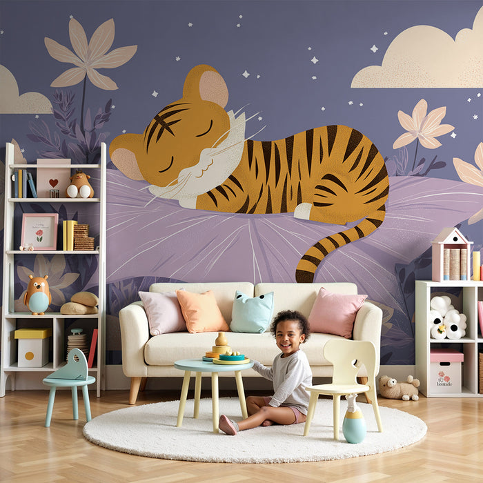 Papier peint chambre bébé | Tigre endormi sur un nuage fleuri