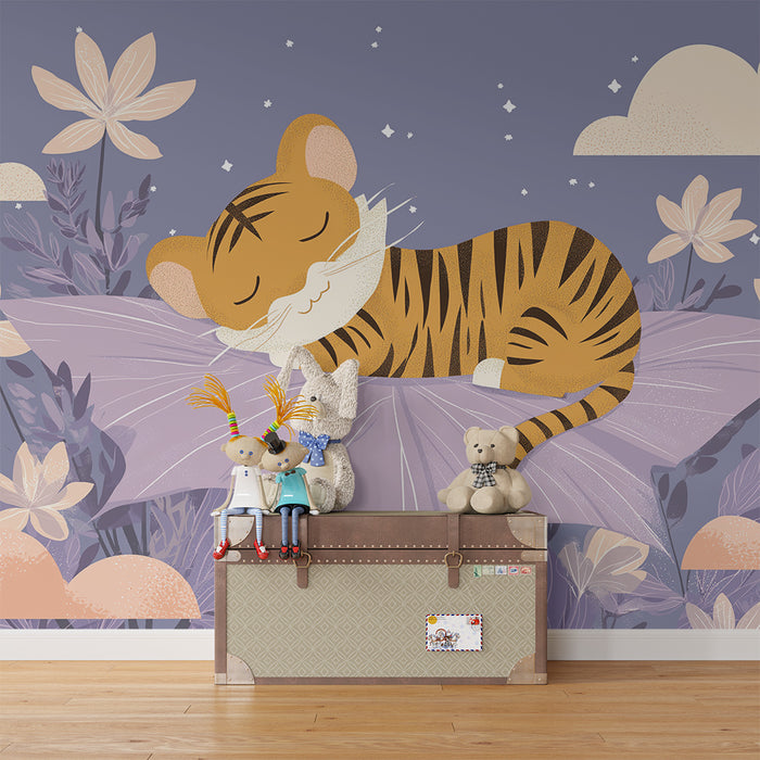Papier peint chambre bébé | Tigre endormi sur un nuage fleuri