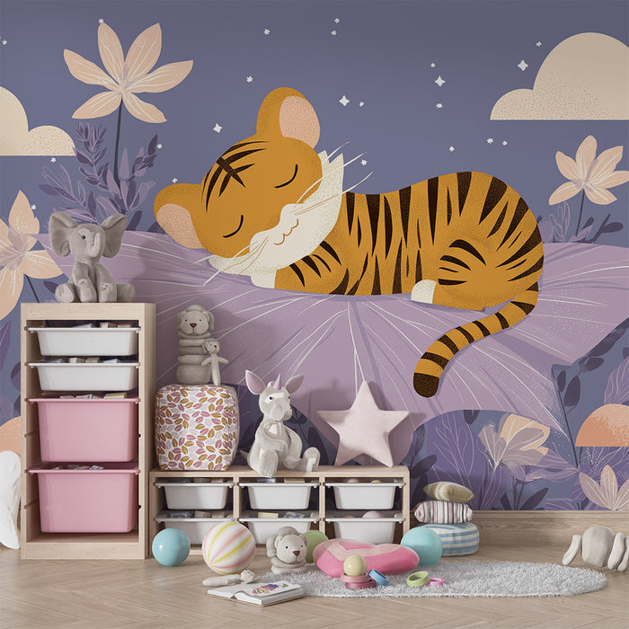 Papier peint chambre bébé | Tigre endormi sur un nuage fleuri