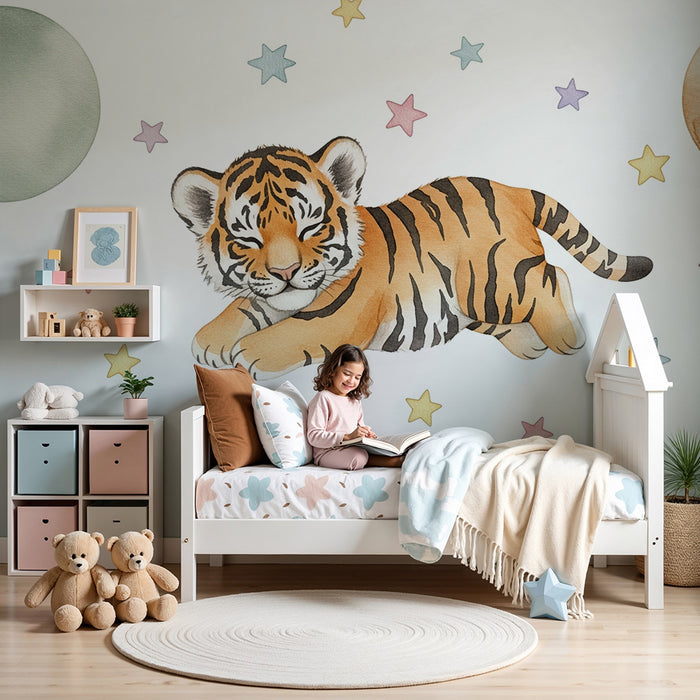 Nursery room wallpaper | Tiger playing under the stars