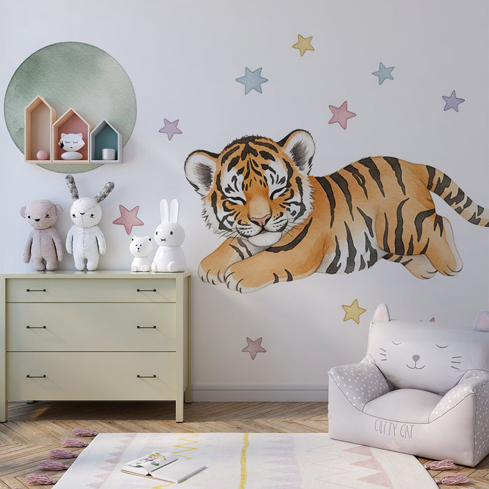 Nursery room wallpaper | Tiger playing under the stars