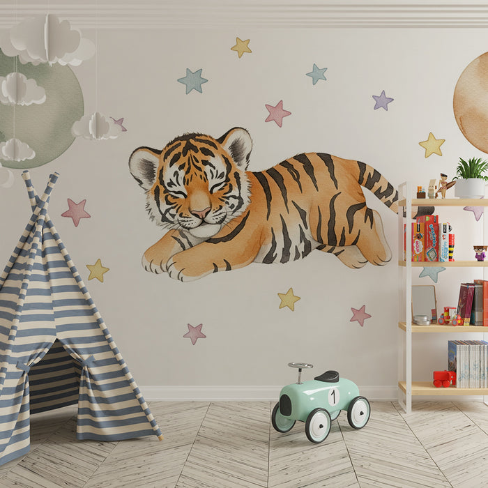 Nursery room wallpaper | Tiger playing under the stars