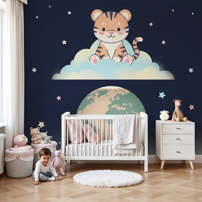 Papel de parede quarto bebê | Srčkan tiger v oblakih z Zemljo v ozadju