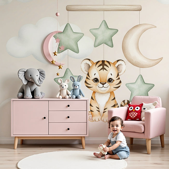 Papier peint chambre bébé | Tigre mignon et mobile étoilé