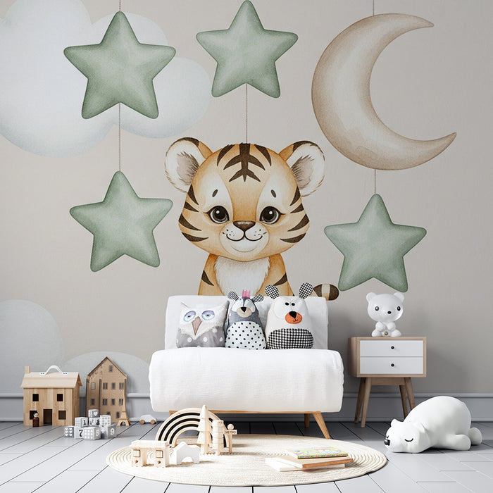 Papier peint chambre bébé | Tigre mignon et mobile étoilé