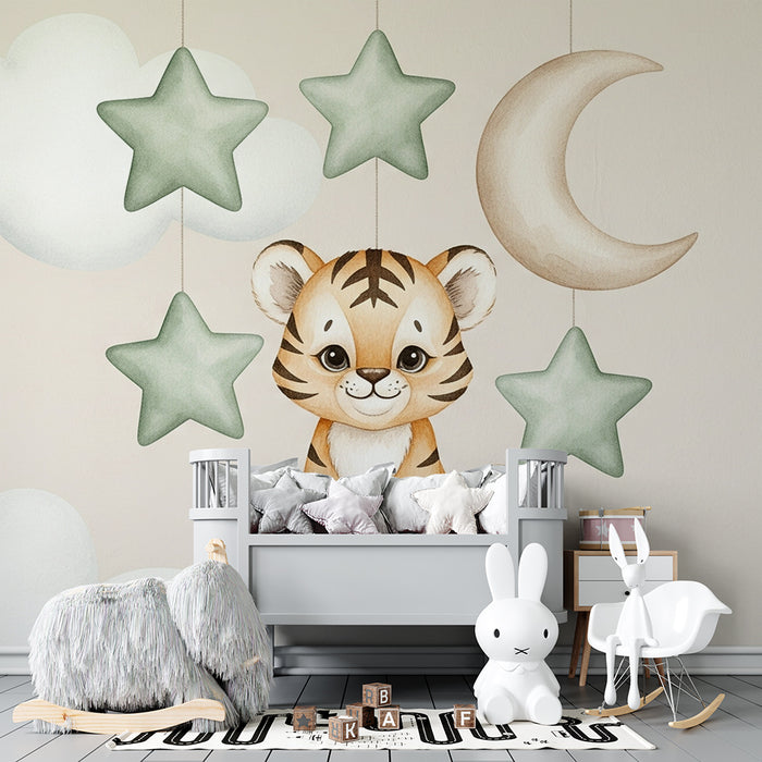 Papier peint chambre bébé | Tigre mignon et mobile étoilé