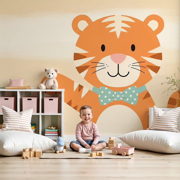 Papel de parede para quarto de bebé | Tigre sorridente com laço e riscas suaves