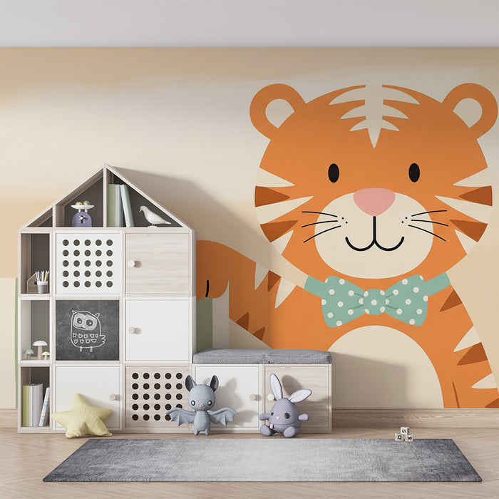 Papel de parede para quarto de bebé | Tigre sorridente com laço e riscas suaves
