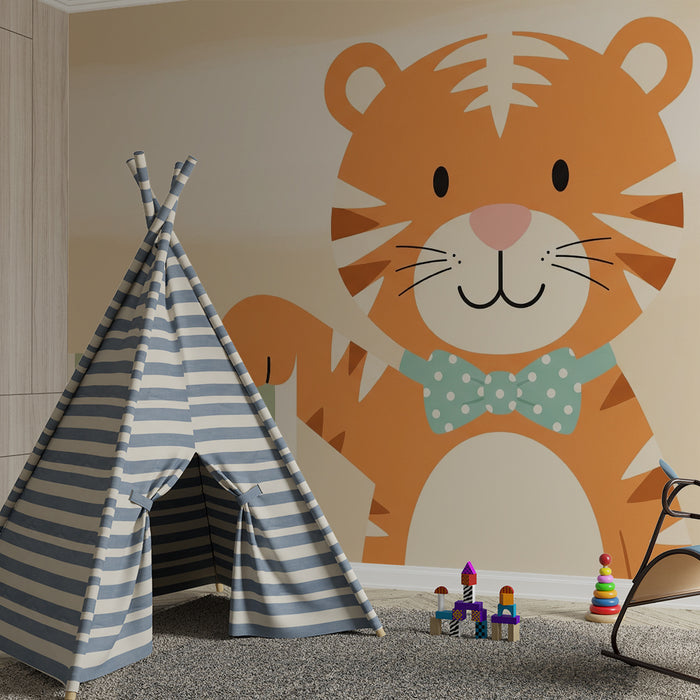 Papel de parede para quarto de bebé | Tigre sorridente com laço e riscas suaves
