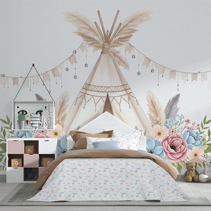 Papier peint chambre bébé | Tipi délicat entouré de fleurs pastel et guirlandes