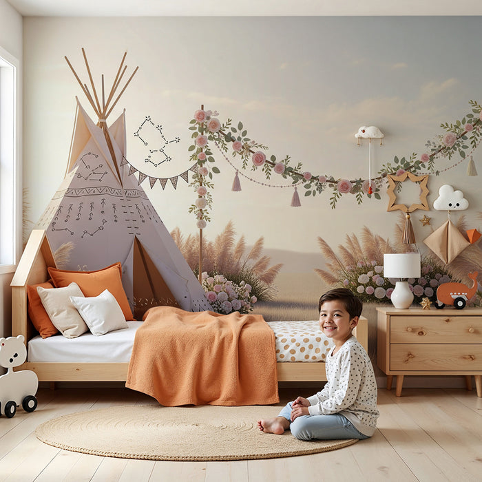 Papier peint chambre bébé | Tipi floral avec guirlande et pampas