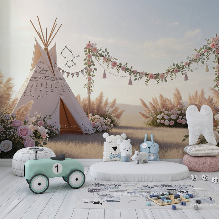 Papier peint chambre bébé | Tipi floral avec guirlande et pampas