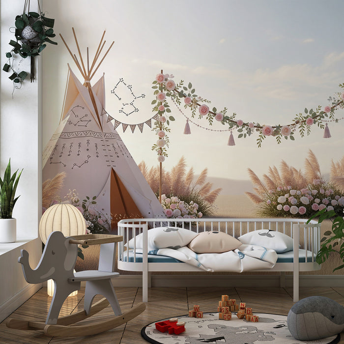 Papier peint chambre bébé | Tipi floral avec guirlande et pampas