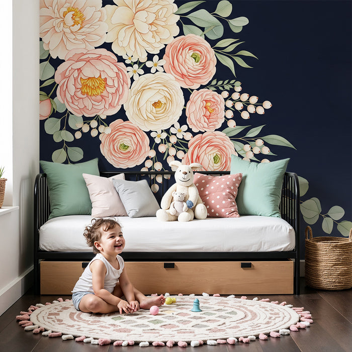 Papier peint chambre bébé | Tombée de fleurs délicates sur fond bleu nuit
