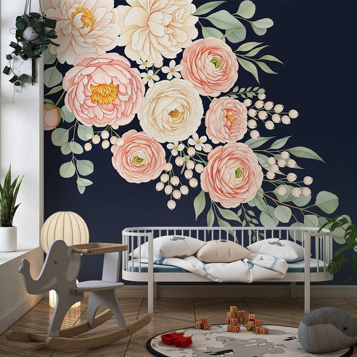 Papier peint chambre bébé | Tombée de fleurs délicates sur fond bleu nuit