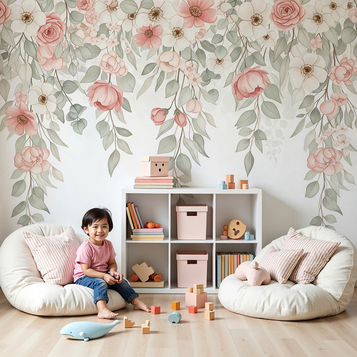 Papier peint chambre bébé | Tombée de fleurs et feuillage doux en tons pastel