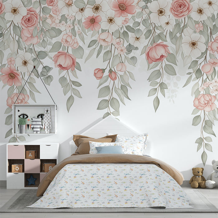Papier peint chambre bébé | Tombée de fleurs et feuillage doux en tons pastel