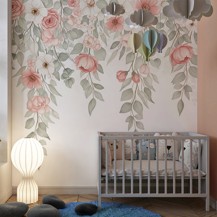 Papier peint chambre bébé | Tombée de fleurs et feuillage doux en tons pastel