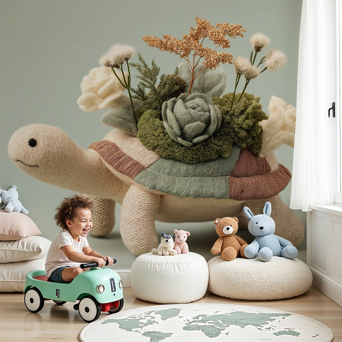 Papier peint chambre bébé | Tortue en peluche avec fleurs délicates