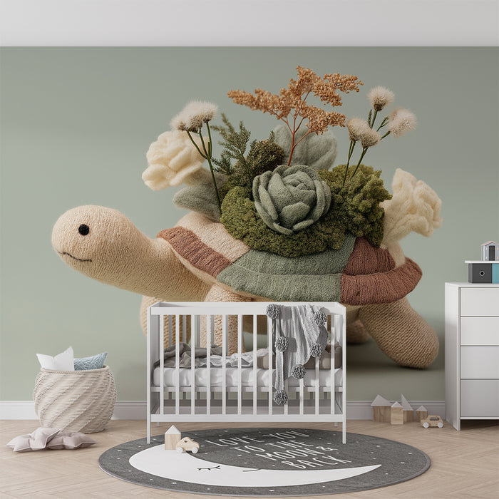 Papier peint chambre bébé | Tortue en peluche avec fleurs délicates