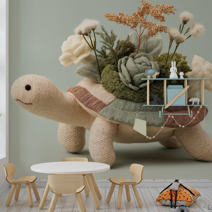 Papier peint chambre bébé | Tortue en peluche avec fleurs délicates
