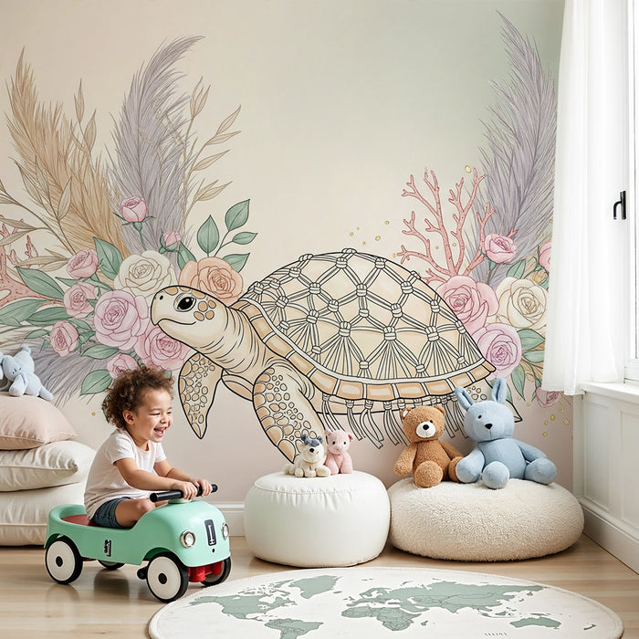 Papier peint chambre bébé | Tortue marine entourée de fleurs et de corail