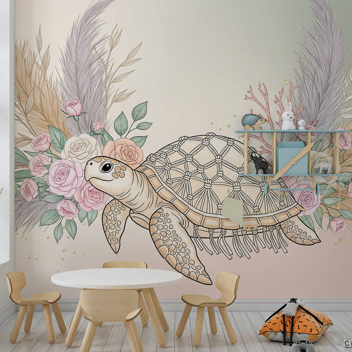 Papier peint chambre bébé | Tortue marine entourée de fleurs et de corail