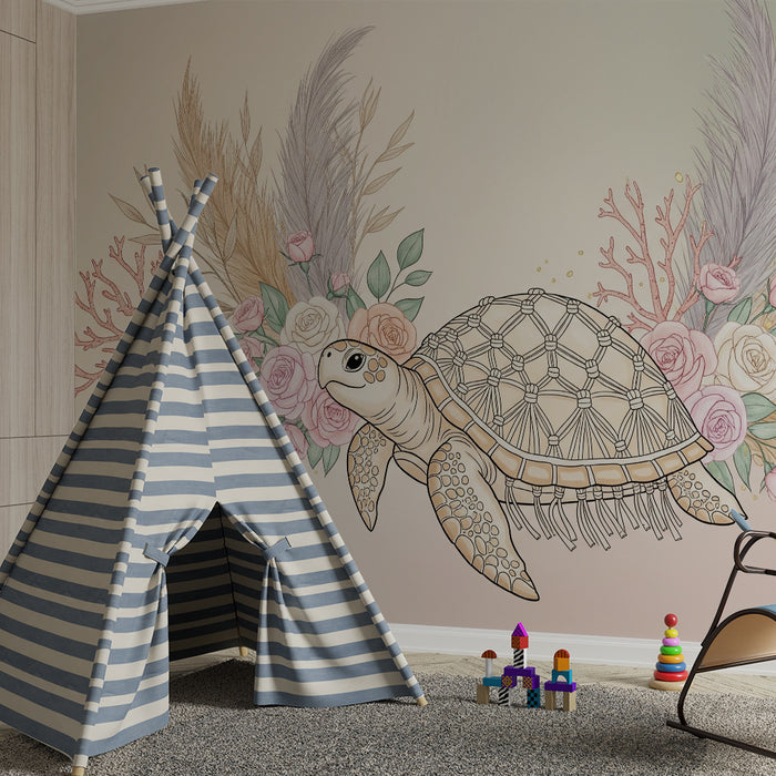 Papier peint chambre bébé | Tortue marine entourée de fleurs et de corail