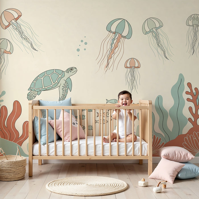 Papel pintado infantil | Tortuga marina y medusas en un universo acuático tranquilizador
