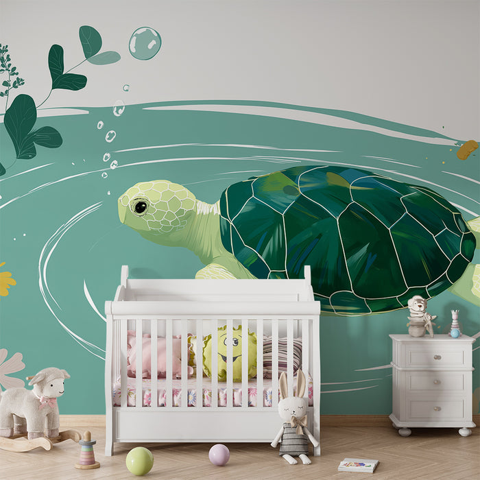 Babykamer behang | Schildpad zwemt vredig tussen waterplanten