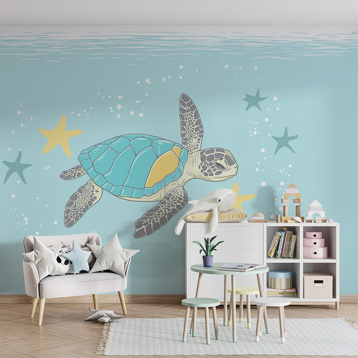 Tapet barnerom | Skilpadden svømmer blant sjøstjernene under vannet