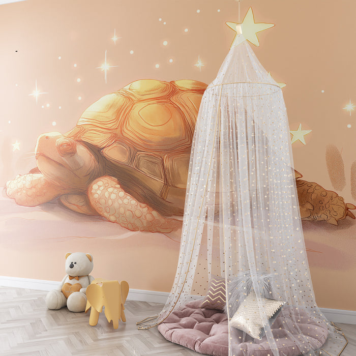 Papier peint chambre bébé | Tortue rêveuse sous un ciel étoilé