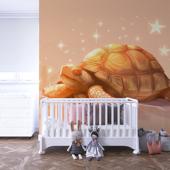 Papier peint chambre bébé | Tortue rêveuse sous un ciel étoilé
