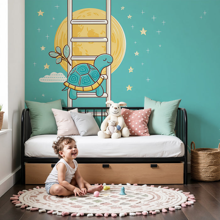 Papel pintado infantil | Tortuga soñadora en una escalera hacia la luna