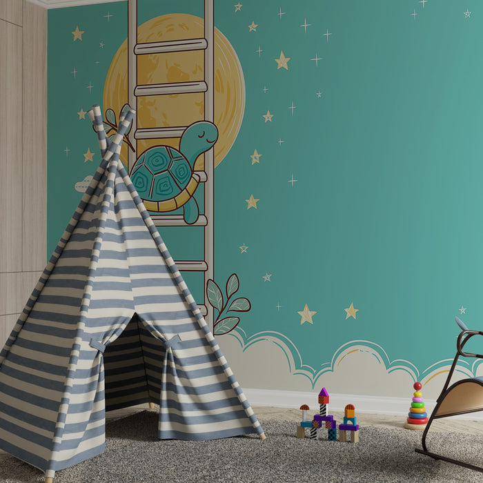 Papel pintado infantil | Tortuga soñadora en una escalera hacia la luna