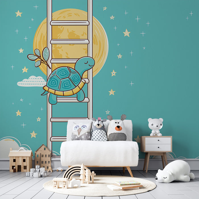 Papel pintado infantil | Tortuga soñadora en una escalera hacia la luna